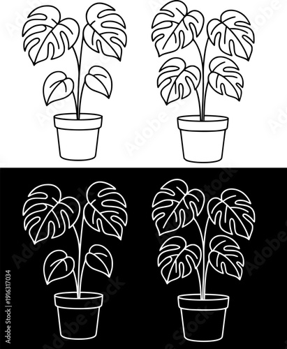 Plant icon, vector illustration of monstera, black and white with outline design, in original and negative versions