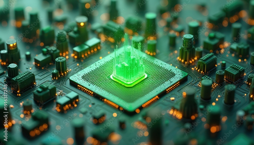 Obraz premium Green city skyline hologram rises from central computer chip. Microelectronics circuit board with many components glows. Digital tech infrastructure powers modern urban life.