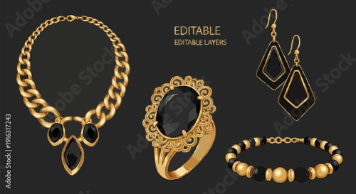 Elegant gold jewelry set featuring a necklace, ring, earrings, and bracelet on a dark background.