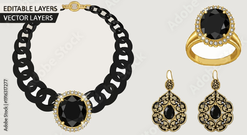 Elegant jewelry set featuring a necklace, ring, and earrings with black gemstones and gold accents.