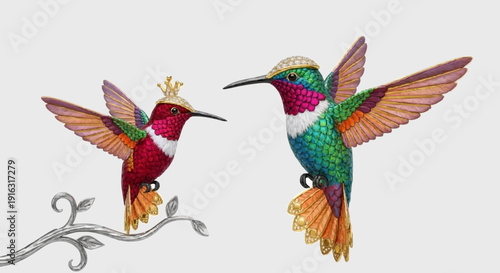 Two vibrant hummingbird sculptures, one adorned with a crown, perched on a delicate silver branch.