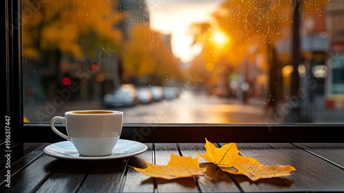 Coffee cup autumn leaves window condensation cozy morning sunrise city street
