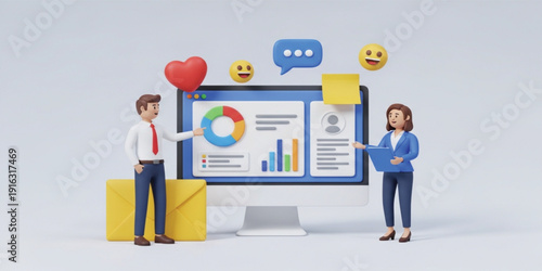 Social Media Marketing Analytics Concept with Business Team and Dashboard, Customer Engagement Strategy, Online Communication, Email Campaign and Digital Marketing Performance Illustration