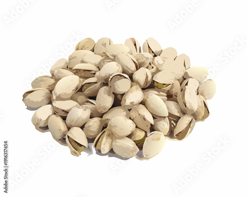 Pile of shelled pistachios against a plain white background