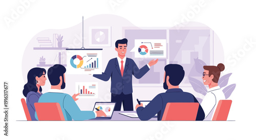 Man in suit presents charts and graphs to seated colleagues in a modern office meeting