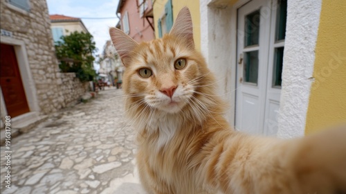 Wallpaper Mural A cheerful yellow cat proudly gives a thumbs up in a quaint stone street, surrounded by colorful buildings and soft sunlight. This playful feline adds joy to the vibrant scene Torontodigital.ca