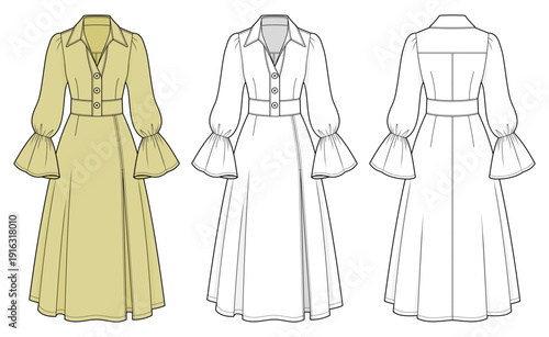 Lemongrass Fit and Flare Midi Shirt Dress Technical Fashion Illustration. Collared Button Front Dress with Layered Flounce Bell Sleeves and Defined Waist Seam. Front and Back View CAD Vector Template