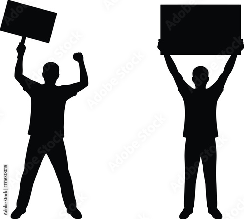 Protester silhouette holding blank placard and raised fist, demonstration activism concept isolated on white background, social protest illustration