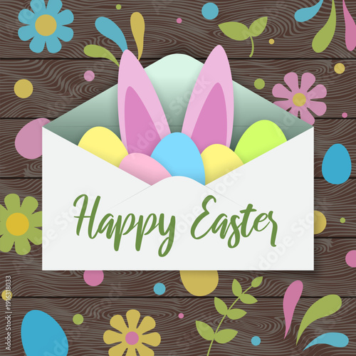 Happy Easter greeting card. Envelope with cute rabbit bunny ears, easter eggs. Wooden plank background, tabletop colorful eggs floral elements. Spring holiday concept. Vector banner template