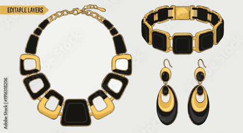 Elegant jewelry set featuring a necklace, bracelet, and earrings with gold and black accents.