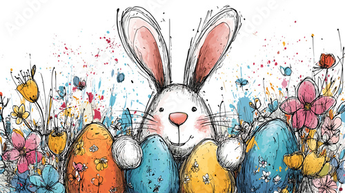 Easter bunny holding decorated eggs and spring flowers wallpaper. Whimsical Easter bunny holding colorful decorated eggs and spring flowers in hand-drawn doodle style