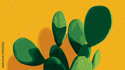 Nopal cactus pads growing with vibrant yellow background. Nopal cactus pads featuring simple graphic shape and casting shadow on yellow wall