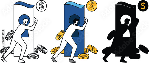 The image displays three distinct illustrations arranged horizontally, each depicting a stylized representation of a person interacting with a door-like object and coins.