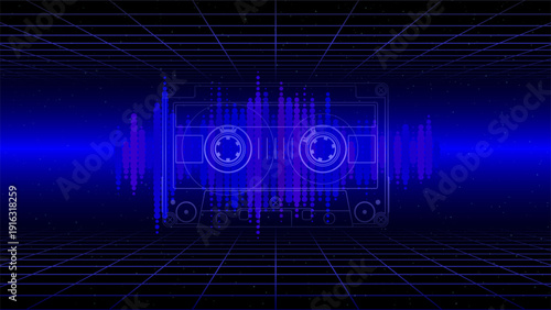 Retro futuristic abstract background. Synthwave 80s style poster. Neon colors, 3d laser grid, audio waveform, compact cassette. Music template. Starry sky background, wireframe mesh floor. Vector
