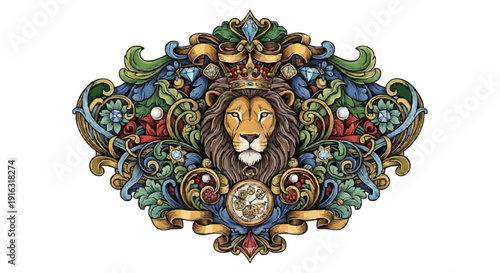 Ornate Lion Crest with Crown and Mane.