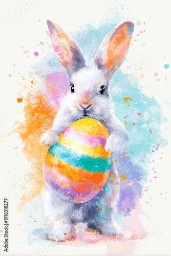 White rabbit holding colorful Easter egg, watercolor splash background. White rabbit holding a brightly striped Easter egg against a vibrant watercolor splash background