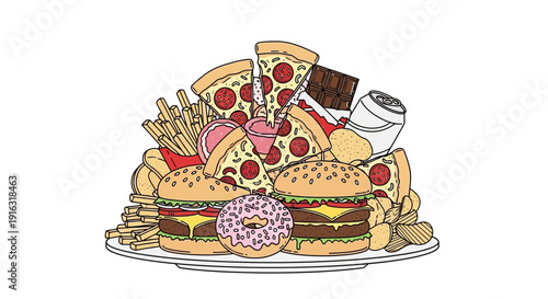 Unhealthy Fast Food Feast: Burgers, Pizza, Fries, Donut, Soda, Chips
