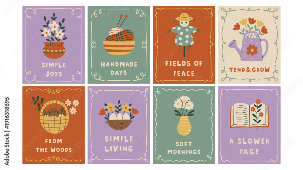 Fototapeta premium Cottagecore Quote Posters Set. Vintage Drawn Motivational Inspirational Banners Cards Postcards with Lettering Phrases, cozy warm summer mood and curly frames. Vector illustration