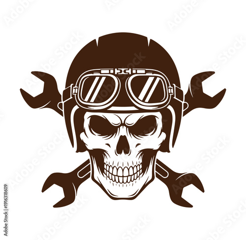skull wearing helmet and goggles with wrenches crossed behind  symbol of mechanic or biker