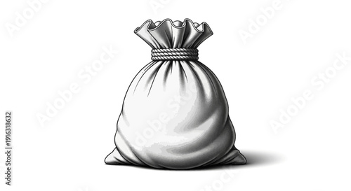 Vintage Drawing of a Closed Drawstring Bag, Isolated on White Background