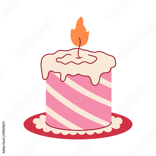 Striped Candle on Lace Stand. Wax taper with lines placed on ornate base. Romantic pastel feminine decorative flat vector illustration with soft flame.