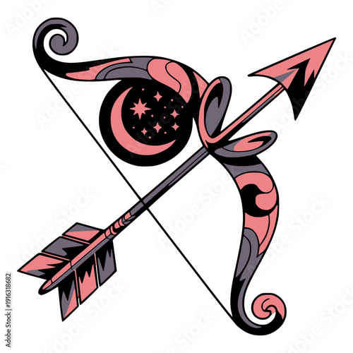 Sagittarius Symbol: A stylized artistic representation of the Sagittarius astrological symbol, featuring a bow, arrow, and celestial elements. 