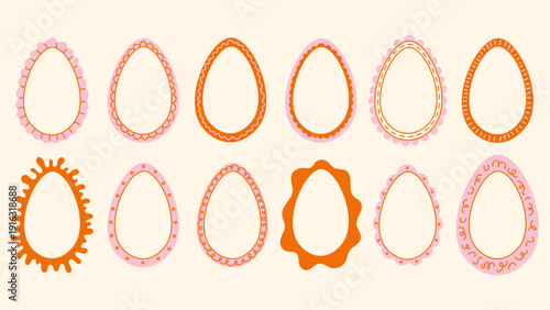 Whimsical Egg Shaped Frame Set. Playful drawn Easter Borders templates in trendy retro style with curly curvy wavy loop line rippled edges. Vector illustration