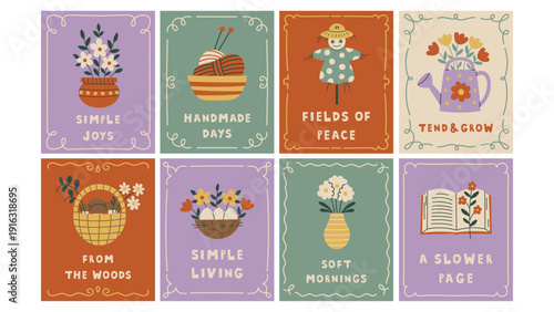 Cottagecore Quote Posters Set. Vintage Drawn Motivational Inspirational Banners Cards Postcards with Lettering Phrases, cozy warm summer mood and curly frames. Vector illustration