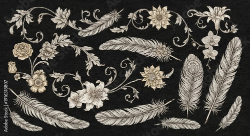 White Embroidery Design with Feathers and Flowers.