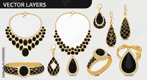 Collection of Black Jewelry with Gold Accents.