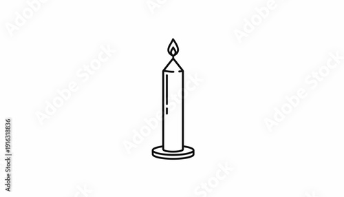 Single lit candle with flame, minimalist line art, isolated on white background