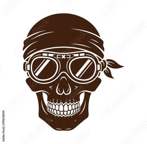 smiling skull wearing goggles and bandana on head isolated on white background