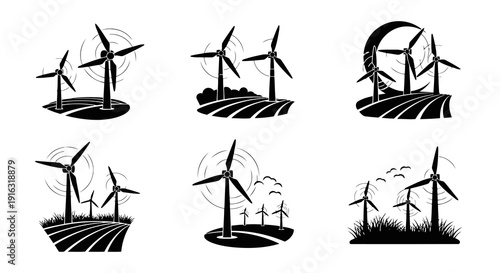 Wind turbines in a field under the moon and birds, representing renewable energy