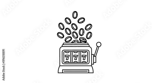 Slot machine with winning triple sevens and falling coins, casino gambling icon, line art