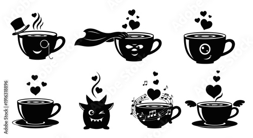 Cute coffee cups with hearts, music notes and happy faces, representing love and joy