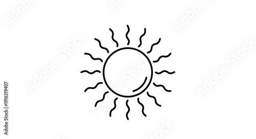 Simple Line Art Sun Icon with Wavy Rays on White Background