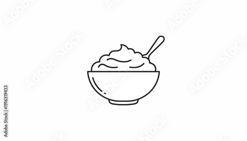 Simple line drawing of a bowl of mashed potatoes with a spoon, isolated on white background.