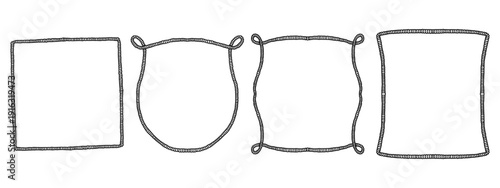 Nautical rope border set with various hand-drawn frame shapes. Rustic rope frames collection in black line art for maritime and adventure design