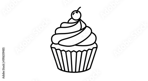 Simple line drawing of a cupcake with swirl frosting and a cherry on top, isolated on white background.
