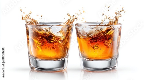 Whiskey shots clinking together with a splash against a white background