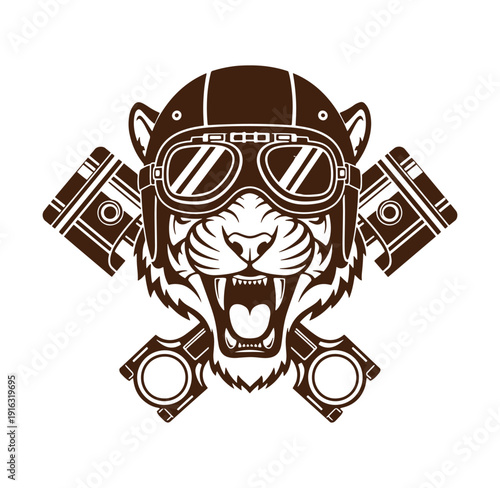 Tiger wearing aviator helmet and goggles with crossed engine pistons