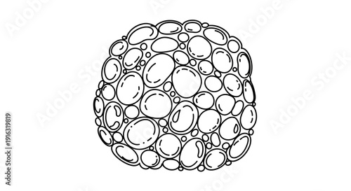 Abstract pattern of smooth pebbles or stones in a cluster, black and white line art illustration