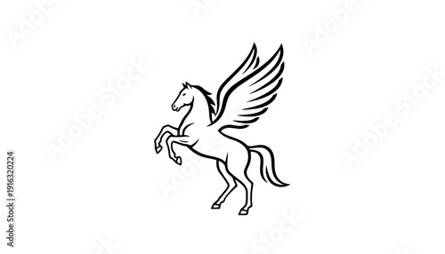Pegasus Mythological Winged Horse Rearing Up Black and White Line Art