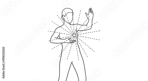 Person with radiating lines from chest, representing energy or healing