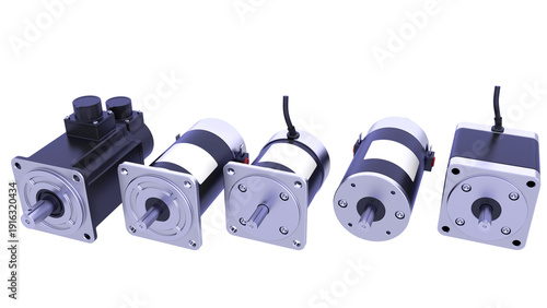 Industrial AC Servo Motors for CNC - Industrial Brushless Stepper motors. 3D rendering isolated on white background. Ideal for professionals, educational, engineering, and industrial design.