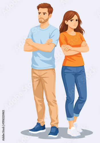 068-40-Angry couple standing back to back, arms crossed, reflecting relationship conflict