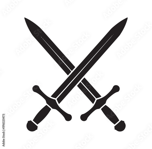 Two crossed swords with pointed tips and handles isolated on white background