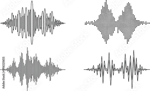 Audio waveform and sound equalizer collection, digital music signal visualization elements for podcast, recording studio and multimedia design, vector illustration