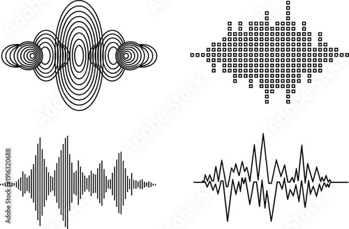 Audio waveform and sound signal collection, abstract music equalizer and frequency spectrum elements for podcast, studio recording and multimedia design, vector illustration
