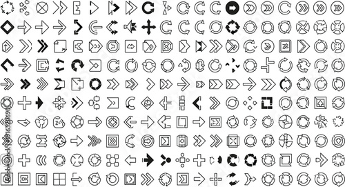 Arrow and refresh icons mega set, circular rotation symbols and navigation elements for UI UX design, web interface and mobile apps, vector illustration